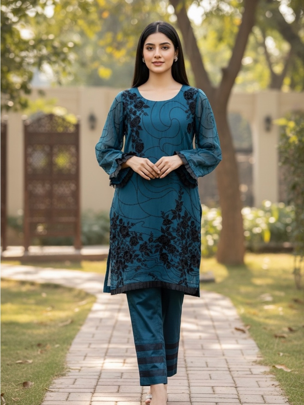 3 piece Teal Embroidered Women's kurta set- pakistani outfit